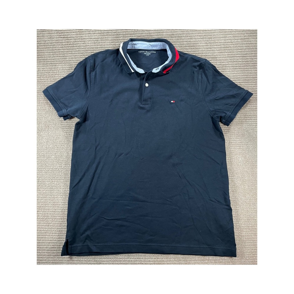 Tommy Hilfiger Mens Navy Blue Striped Collar‎ Cotton Polo Shirt L 78J8670 410